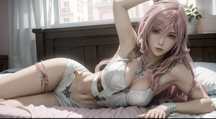 (masterpiece, best quality:1.3)
LightningFF13, 1girl, solo, long hair, pink hair, lying in bed, show armpit