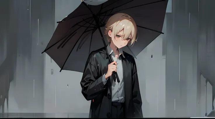 Young man standing in the rain, dark grey button up shirt, black pants, short wet messy blonde hair, brown eyes, looking down, sad, wet, raining, dark, grey dark sad background, side view, close up, no umbrella, hands by his sides