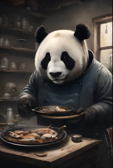 Jean-Baptiste Monges painting of a large panda, Dressed in fishing boots with fishing tackle, On a summer day in a meadow a bucket of fish, , jean - baptiste monge, anthropomorphic --ar 2:3 --testp -optimistic;