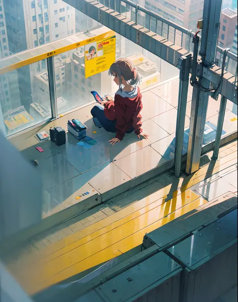 Looking down at a modern building from above, a girl sits on the floor and looks down at an illustrated anime