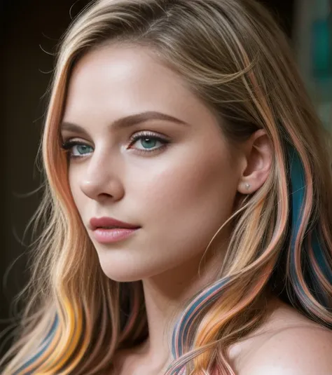 (Masterpiece, 8k, ultra high res, hyper detailed), ((half body)) photo of a beautiful 25 years european woman, endless long (extra long wavy (((multi-colored dyed))) hair), flawless face, rule of thirds, realistic perfect eyes and pupils, ((green eyes)),re...