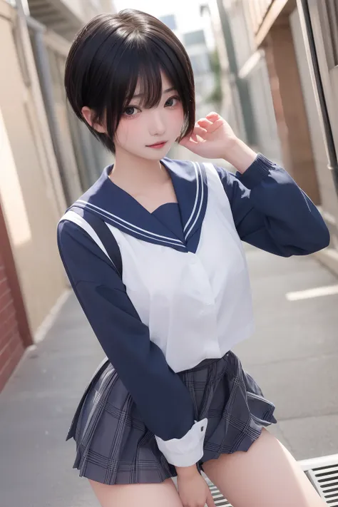 masterpiece、top-quality、adult female 1、komoshuai、ultra-detailliert　a dark-haired、short-hair　schoolgirl uniform、skirt by the　larg...