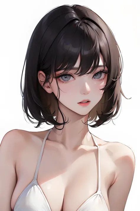 (Top resolution、Distinct_image)top-quality、femele、​masterpiece、ighly detailed、Semi-realistic、Black short hair、Dark hair、grey  eyes、bangss、21years old、Mature、年轻、Exquisite facial features、Facial features,White Bikini,