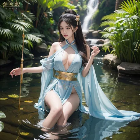 。Fantasy immortal cultivation novel, The girl holding the divine water fish looks exquisite, Expressions contain emotion, Chinese aquarium elements, colours, Translucent, Immortal clothing, There are stripes on the forehead, And there are Chinese beauties ...