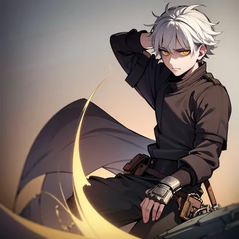 best quality,4k,8k,highres,masterpiece:1.2),ultra-detailed, ((1 adult man:1.3)),white hair with black highlights,medieval lace-up shirt,hakama pants,white but yellowish skin,yellow eyes,wind,wrist brace,illustration,detailed facial features,elegant posture...