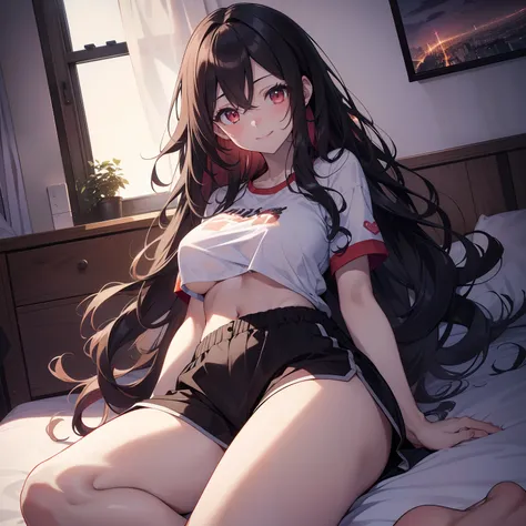 (masutepiece,Best Quality,8K),(extremely detailed CG1.1),teens girl,Smile,large boob,(From below:1.2),Intricate details , Hyper realistic, Perfect Anatomy,A dark-haired,Red Eyes,(((Forehead))),Permed hair with wavy hair,(((length hair))),Hair over one eye,...