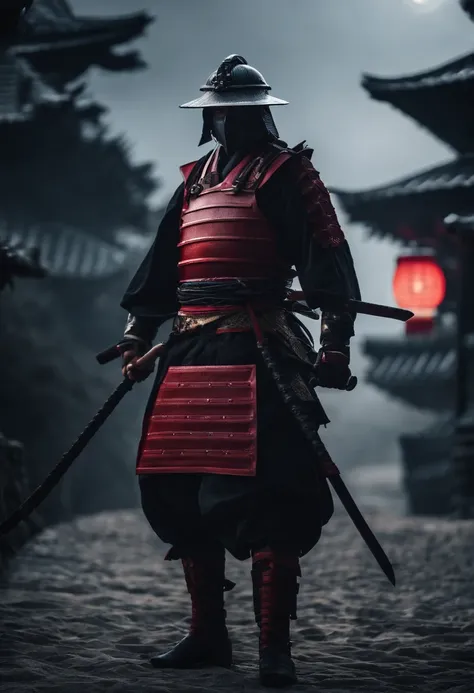 Samurai in Japan wear blindfolds，No helmet，，Holding a katana in front of the red moon, Urban Samurai, anthem game inspiration, epic image, Era,Frontal photo，Extremely meticulous，full armour，frontal photos，relaxing，No helmet，Bunched hair，Black armor