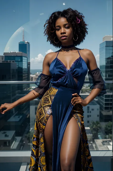 Fish eye view of aerial angle shot of a Beautiful black woman with coloured curly hair and dressed in African designed high fashion  clothes, standing in a high fashion model pose in a transparent glass sphere, light bouncing in the glass sphere providing ...