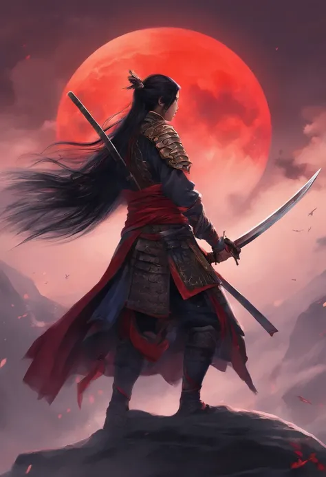 Samurai in Japan wore blindfolds，No helmet，，Holding a katana in front of the red moon, Urban Samurai,, epic image, Era,Frontal photo，Extremely meticulous，full armour，frontal photos，relaxing，No helmet，Bunched hair，Black armor