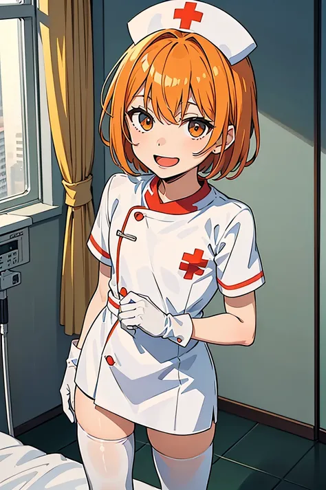 1boy, solo, male focus, nurse, nurse cap, white wear, ((white legwear, zettai ryouiki)), white gloves, short hair, orange hair, ...