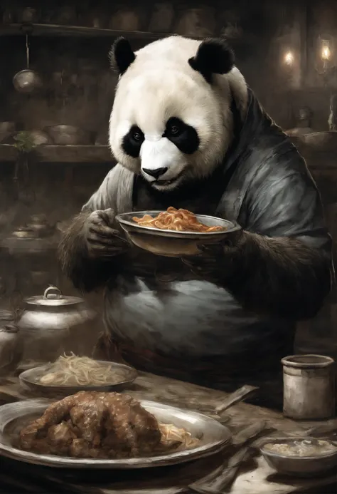 Painting by Jean-Baptiste Monge,   Realism, 真实感, Capture a touching moment, When a giant fluffy panda in a chefs apron, with a Praar hat on her head,  Standing behind the stove in a restaurant., On the stove there is a skuward with other meat. Crowded rest...