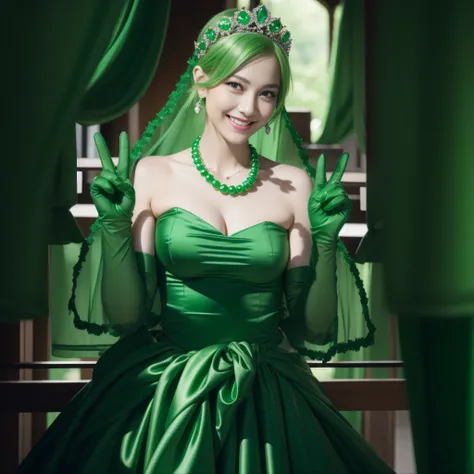 emerald tiara, Green Pearl Necklace, Boyish very short green hair, lipsticks, Japan woman smiling, very short short hair, big breasts beautiful, Green eyes, Long green gloves made of satin material, Green eyes, Emerald Earrings, green vale, v sign