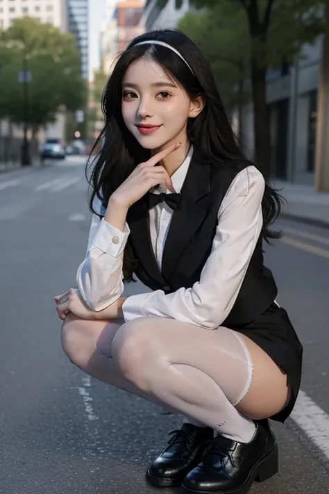 Best quality, full body portrait, delicate face, pretty face, 20 year old woman, long black hair, slim figure, large bust, OL uniform, office clothes, white hairband black pantyhose, ((black school shoes)), outdoor scene, squat, white panties, smile, cute,...