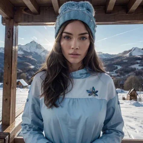 (Masterpiece), (Best quality), (Ultra detailded),(disheveled hair),(illustration), (1fille), (fashionable clothes), debout, Fashion model, Regarder le spectateur, (interview), (Mountain ski background),beautiful detailed  eyes, beautiful delicate face, flo...