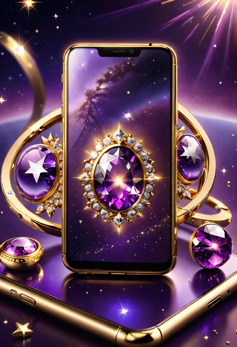 hyper HD, Super detail, Best quality, High details, 1080p, 16k, A high resolution，Phone close-up，A smartphone with a sparkling surface, Amazing smartphones, Magic Crystal smartphone,Starry smartphones, purple sparkles, gold and purple, ring lit,, A gleamin...