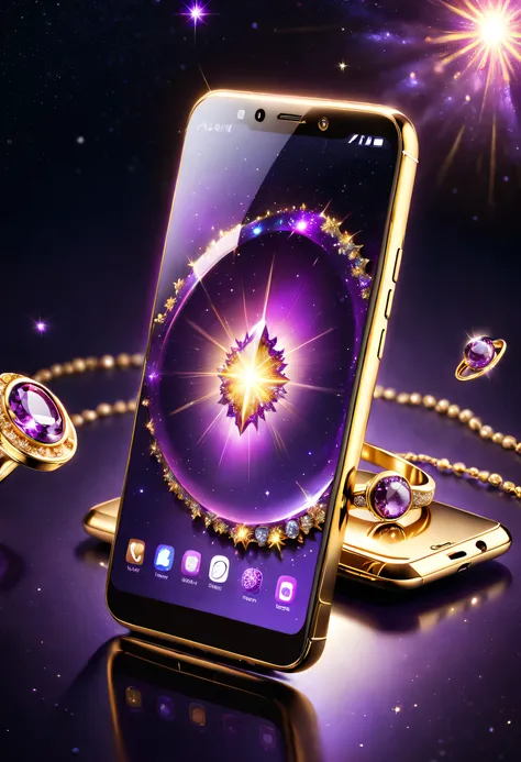 hyper HD, Super detail, Best quality, High details, 1080p, 16k, A high resolution，Phone close-up，A smartphone with a sparkling surface, Amazing smartphones, Magic Crystal smartphone,Starry smartphones, purple sparkles, gold and purple, ring lit,, A gleamin...