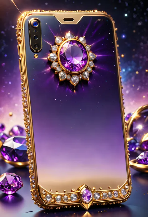 hyper HD, Super detail, Best quality, High details, 1080p, 16k, A high resolution，Phone close-up，A smartphone with a sparkling surface, Amazing smartphone, Magic Crystal Smartphone, Smartphone set with diamonds, purple sparkles, gold and purple, ring lit,,...