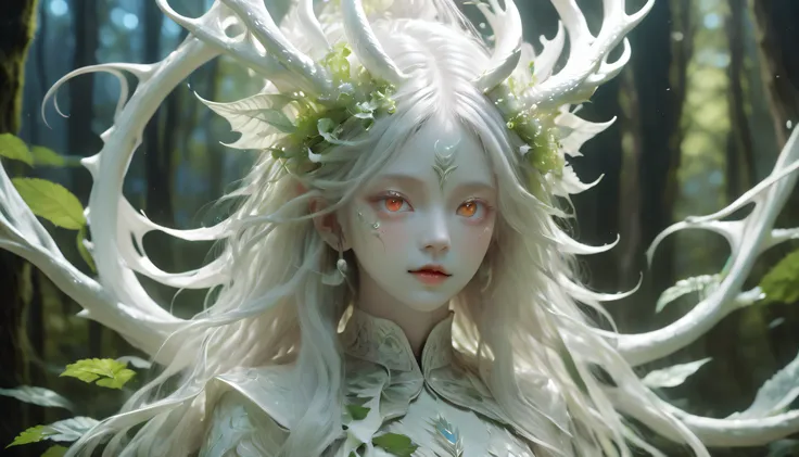 white dragon plant girl,(a girl made from fresh plants),forest,plant,beautiful psychedelic psychedelic white complex,cute face,l...