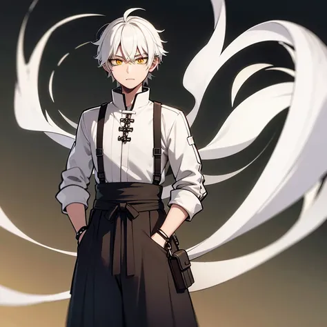 1 man, white hair with black highlights, medieval lace up shirt, hakama pants, white but yellowish skin, yellow eyes, wind, wrist brace, hands in pocket.