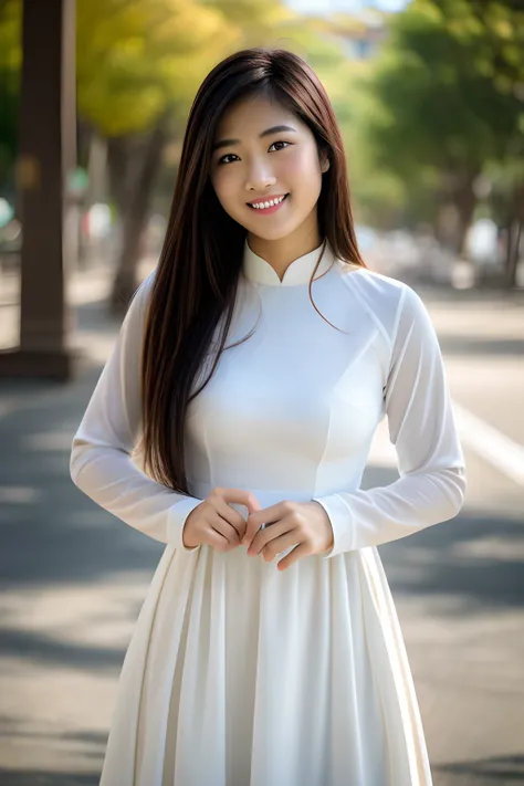 1girl, aodai  skinny, break depth of field, film grain, wrinkled skin, looking at viewer, knee, warm smile, (upper body) masterp...