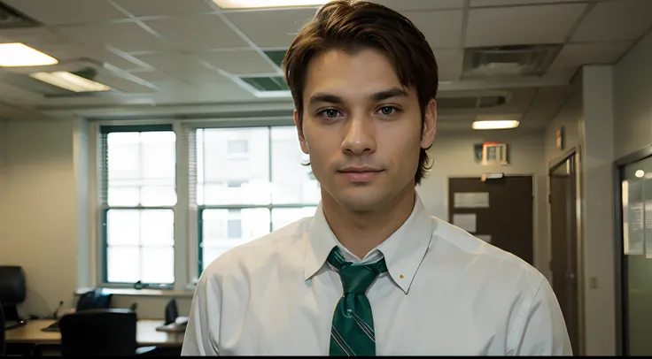 Green-eyed man in front office