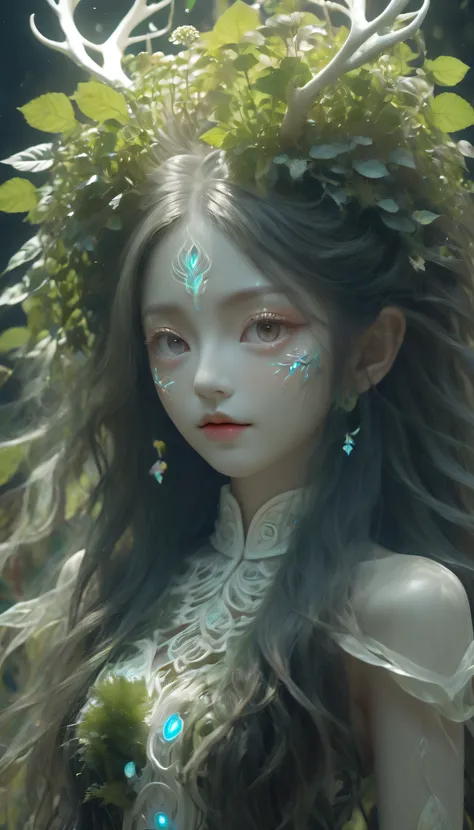 bailong plant girl,(a girl made of fresh plants),forest,plant,beautiful psychedelic psychedelic white complex detailed elaborate,cute face,long hair,8k,ultra-fine knots,antlers,