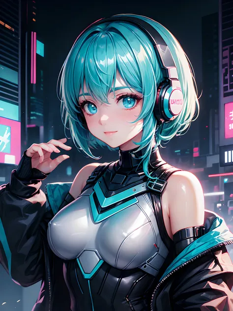 1girl in, android, Cyberpunk, Cyan hair, cyan eyes, Short hair, White breastplate, Black Headphones, Mechanical White Bodysuit, Bare shoulders, Glossy, shiny material,