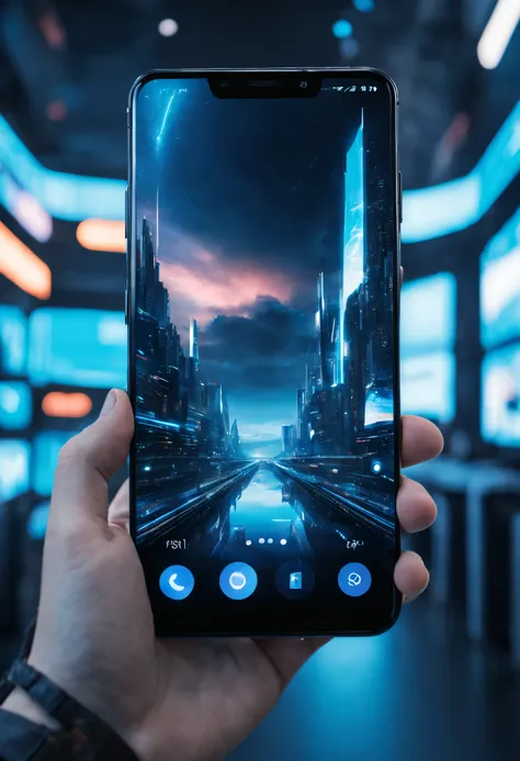 tmasterpiece，Best quality at best，high high quality，extremely detaile，8K，Futuristic ethereal close-up of a mobile phone, smartphone, A mystical environment, Technology meets fantasy, Futuristic phone，AI peripherals, smartphone, Sit at the technical booth, ...