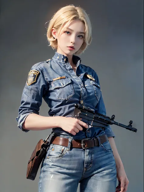 (realphoto、top-quality、High-definition image quality1:2)、Female Investigator、Blonde Shorthair、((Elaborate face、Complete beauty、Well-formed face、muscular body、Constricted waist、long legged、Attractive body lines))、(leather jackets、Tight gray denim pants、Equi...