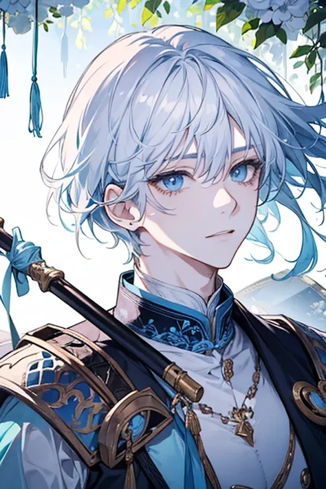 beautiful man、tall、Short white hair、Dressed like a knight、The color of the eyes is light blue.、Hanging、A face staring into the distance