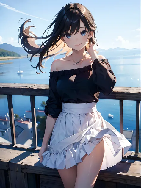 (8K、top-quality、masterpiece:1.2)、(reallistic、Photorealsitic:1.2)、Holiday Afternoon、Where you can see the sea、Beautiful sky、watching at viewers、A smile、strong breeze、The skirt is rolled up in the wind、I can see the white panties、Fine and beautiful eyes、Var...