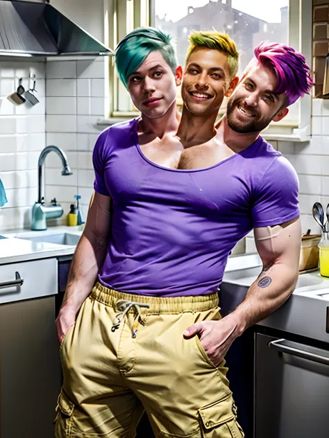 1man,(((2heads))), dressed in a low cut light purple shirt, washing dishes, modest apartmwnt kitchen in the background, no facial hair, no body hair, feminine face, thick lips,pink lips, thick thighs, wide torso, wide shoulders, lathered dishes, soap and b...