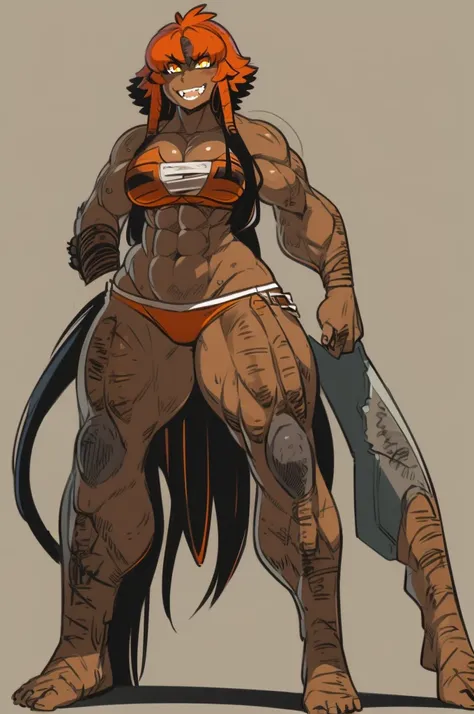 best quality, masterpiece, best shadows, black and orange hair, dark skin,,standing, full body, big breast, musclegirl, barbarian revealing cloths, , smile,#fashion design #warrior #woman #armor #clothing Trigger Words: barbarian_woman armor, smile open mo...