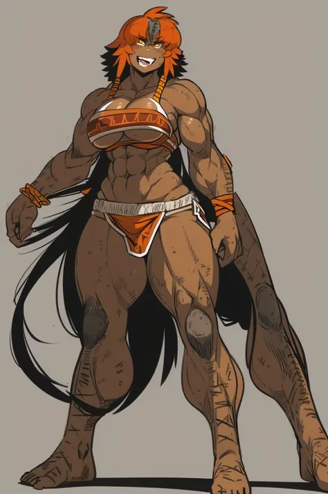 best quality, masterpiece, best shadows, black and orange hair, dark skin,,standing, full body, big breast, musclegirl, barbarian revealing cloths, , smile,#fashion design #warrior #woman #armor #clothing Trigger Words: barbarian_woman armor, smile open mo...