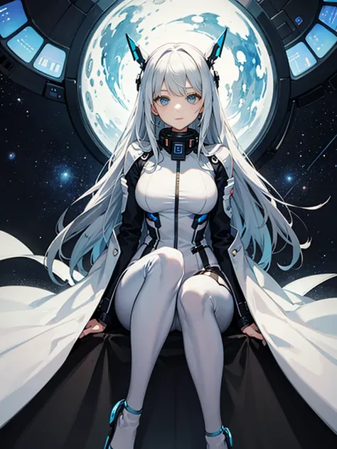 Slender beautiful girl、(White and blue futuristic space station background):1.2、Tight-fitting bodysuits of the near future、hight resolution、top-quality、The ultra-detailliert、Fine details、Does not blush cheeks、knee high、Undersized breasts、shorth hair、head p...