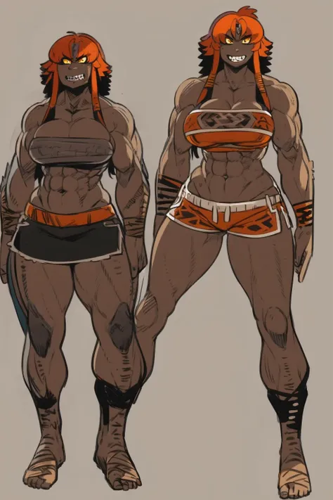 best quality, masterpiece, best shadows, black and orange hair, dark skin,,standing, full body, big breast, musclegirl, barbarian revealing cloths, sharpteeth, smile,#fashion design #warrior #woman #armor #clothing Trigger Words: barbarian_woman armor, ful...