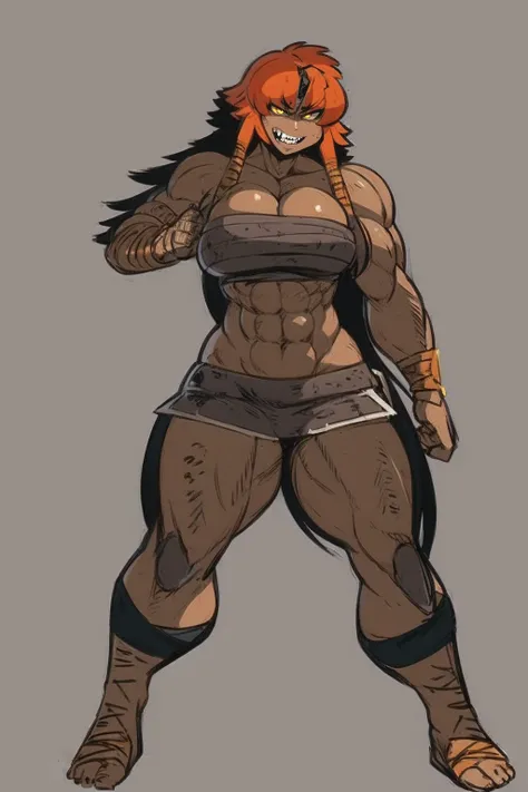 best quality, masterpiece, best shadows, black and orange hair, dark skin,,standing, full body, big breast, musclegirl, barbarian revealing cloths, sharpteeth, smile,#fashion design #warrior #woman #armor #clothing Trigger Words: barbarian_woman armor, ful...