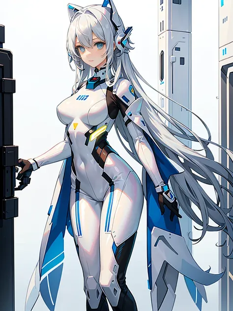 Slender beautiful girl、(White and blue futuristic space station background):1.2、Tight-fitting bodysuits of the near future、hight resolution、top-quality、The ultra-detailliert、Fine details、Does not blush cheeks、knee high、Undersized breasts、shorth hair、head p...