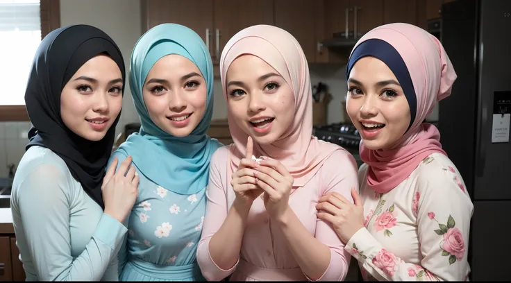 4 beautiful malay girl in pastel color hijab taking picture in modern kitchen, wear pastel blue and white floral pattern baju kurung, friendly and laughing situation, laughing, happy, modern pastel color kitchen, detailed skin texture, soft lighting, paste...