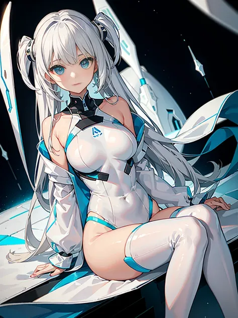 Slender beautiful girl、(White and blue futuristic space station background):1.2、Tight-fitting bodysuits of the near future、hight resolution、top-quality、The ultra-detailliert、Fine details、Does not blush cheeks、knee high、Undersized breasts、shorth hair、head p...