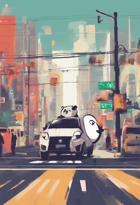 A panda is crossing the street，There are traffic lights around，There are zebra crossings on the ground，art work，Simple，Side view