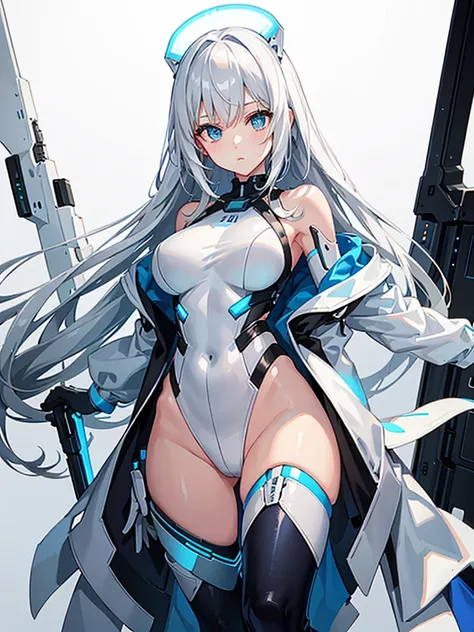 Slender beautiful girl、(White and blue futuristic space station background):1.2、Tight-fitting bodysuits of the near future、hight resolution、top-quality、The ultra-detailliert、Fine details、Does not blush cheeks、knee high、Undersized breasts、shorth hair、head p...