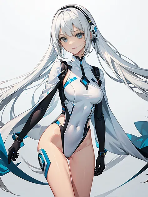 Slender beautiful girl、(White and blue futuristic space station background):1.2、Tight-fitting bodysuits of the near future、hight resolution、top-quality、The ultra-detailliert、Fine details、Does not blush cheeks、knee high、Undersized breasts、shorth hair、head p...