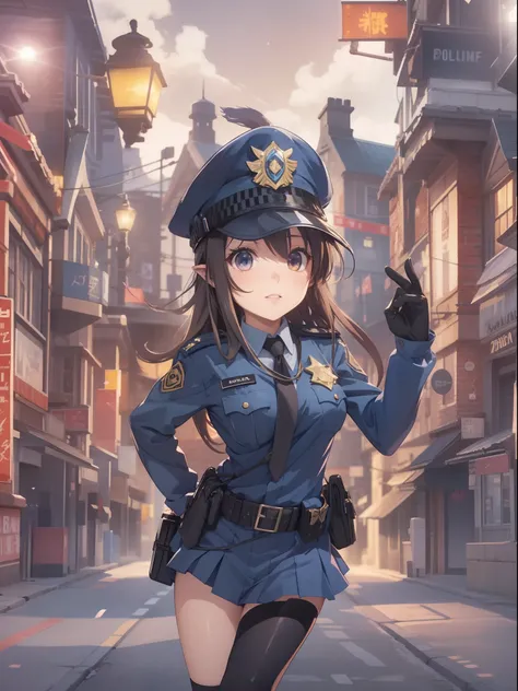 Koneko Toujou (DXD), 1girl, police uniform, police hat, policewoman, small breasts, zelda style scenery, 8K resolution, best quality, masterpiece collection