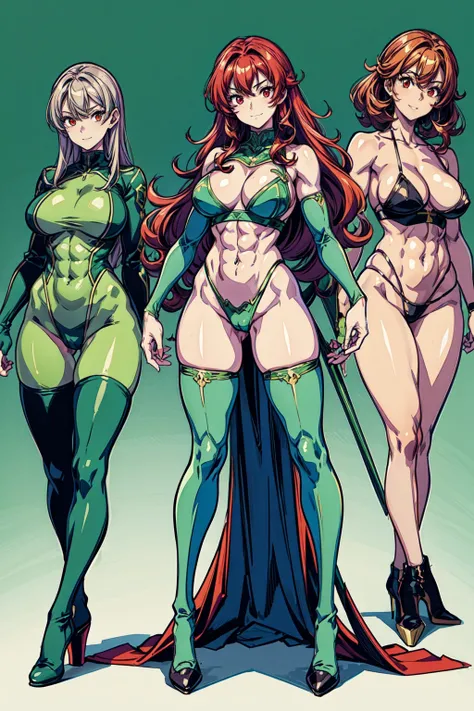 masterpiece:2, best quality:2, highly detailed:2, 8k, gradient green background, anime, 1girl(20-year-old, ORC, grinning, evil, athletic:1.2, muscular:1.2, abs:1.2, long legs:1.4, curly red hair, big breasts, green stockings, green thigh boots with high he...