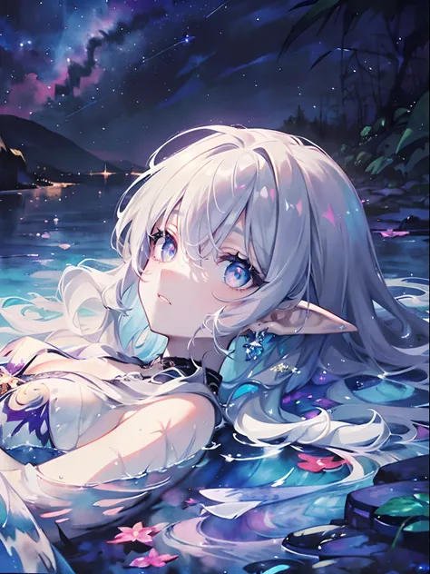 (masterpiece,best quality,ultra-detailed),1girl,dark purple hair,messy hair,thick hair,beautiful and detailed face, detailed eyes,looking at viewer,((grey theme),pointy ears,pale skin,((night)),((dark ambient)),starry sky,(((aquarelle))),lying in water