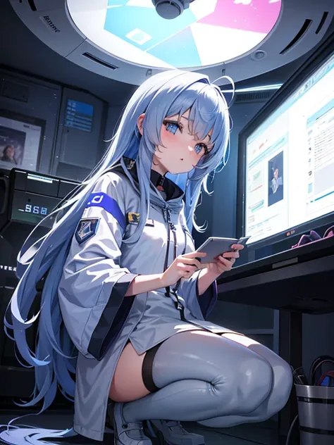 One Girl、Inside the spacecraft、A girl and a beautiful sight are spreading。There are panels on the walls and ceilings with futuristic designs.、It has a fantastic glow。The interior of the ship is spacious々and、Various scientific devices and consoles are locat...