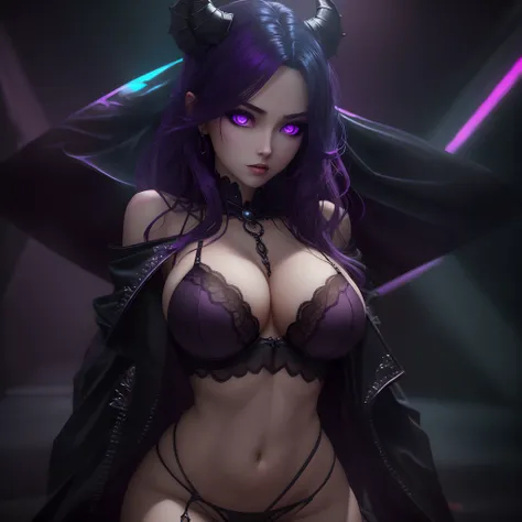 Mistress of Darkness, demon queen, Sexy, no lingerie, purple backdrop, neon lights, mesmerizing stare, Realistic 3d model, 2K quality, beautiful big breasts