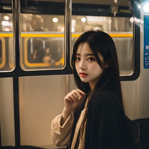 Cinematic Photo of a beautiful korean fashion model bokeh train