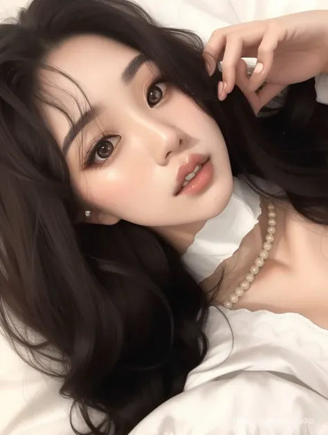 um close up de uma mulher deitada em uma cama com um celular, Ulzzang, maquiagem sul-coreana popular, menina coreana, young adorable korean face, young cute wan asian face, 🤤 retrato da menina, maquiagem coreana popular, cruel korean goth girl, mulher core...